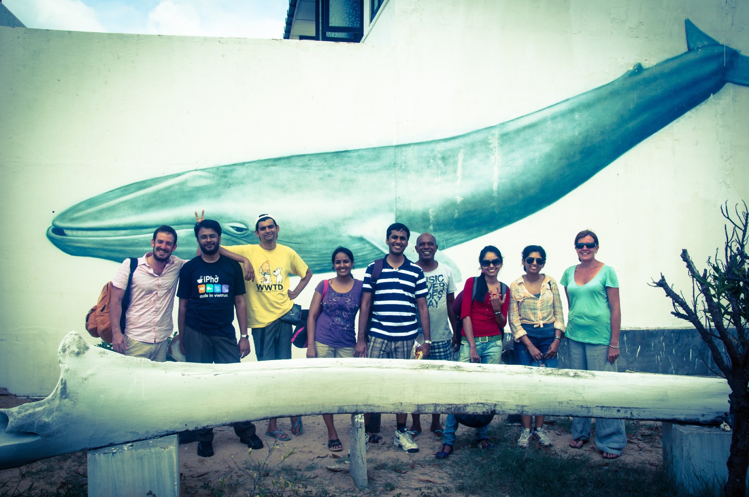 A group posing in front of a large whale mural and whale bone display.